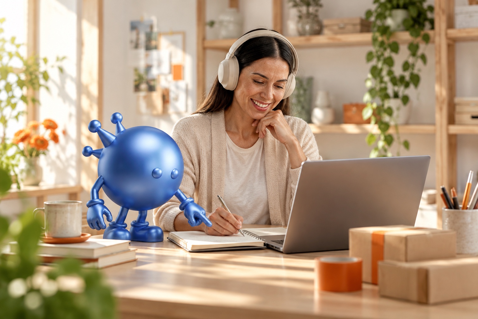 A small-business owner working at a laptop with Abby helping beside the desk.